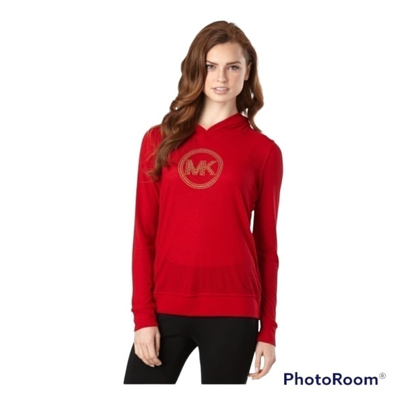 Michael Kors Red Hooded Long Sleeve Gold Studded Logo Top | Size 3X - Picture 1 of 15